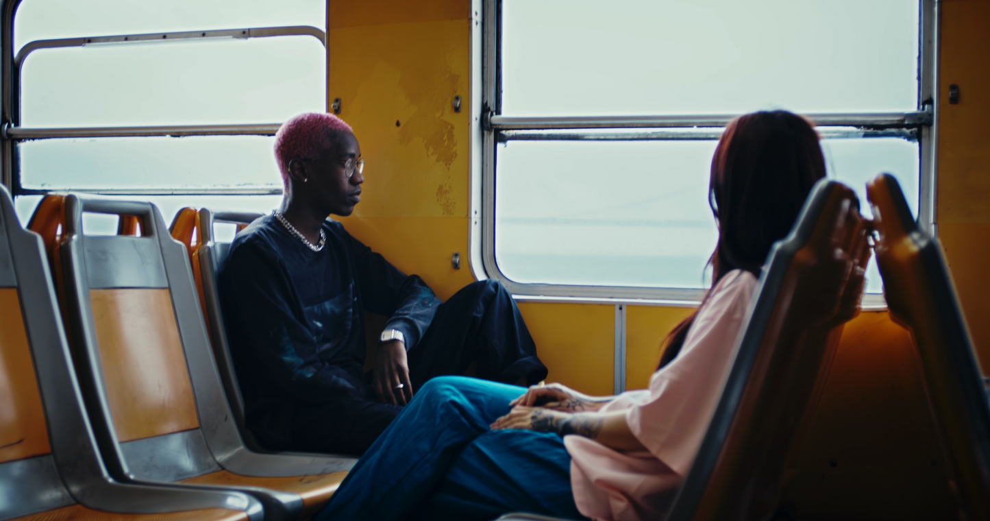 pastelle virgil longsleeve and daydreaming shortsleeve heavyweight cotton shirt worn by male model with pink hair and female model with brown hair in lisbon