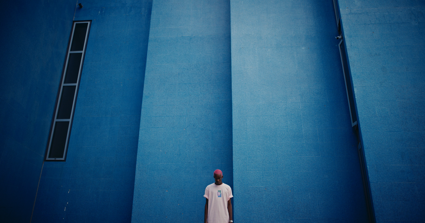salmon DAYDREAMING box fit PASTELLE tee on model with pink hair against blue backdrop